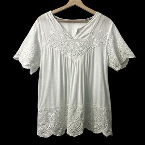 One World Women’s Short Sleeve Eyelet Top XL White Peasant Boho Cottage Coastal